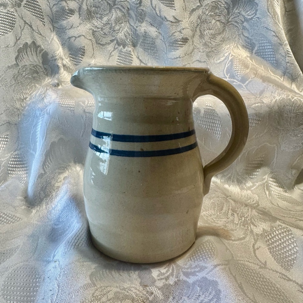 Vintage Blue Stripe Farmhouse Stone Crock Pitcher Rustic Natural Stone Color 6”
